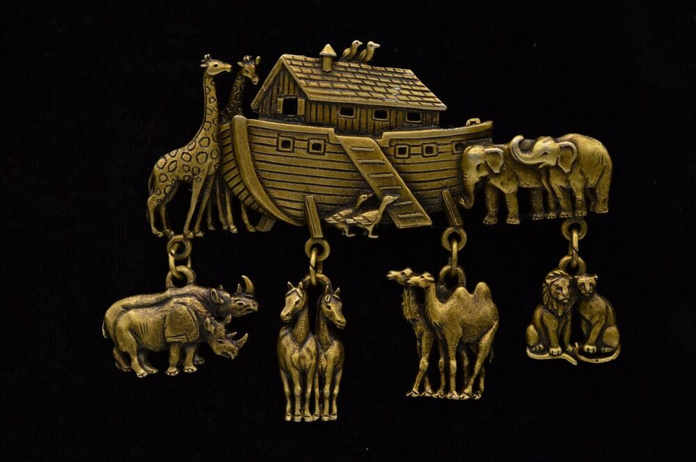JJ Vintage Noah's Ark Charm Pin Brooch Animal Dangle Brass Signed NOS 80s BinAC